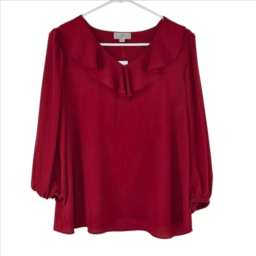 NWT LOFT Outlet Red Chiffon Ruffle Neck Blouse Size Small